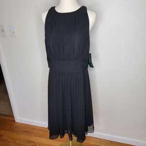 Lauren Ralph Lauren Black Chiffon Pleated Sleeveless Knee Length Evening Dress